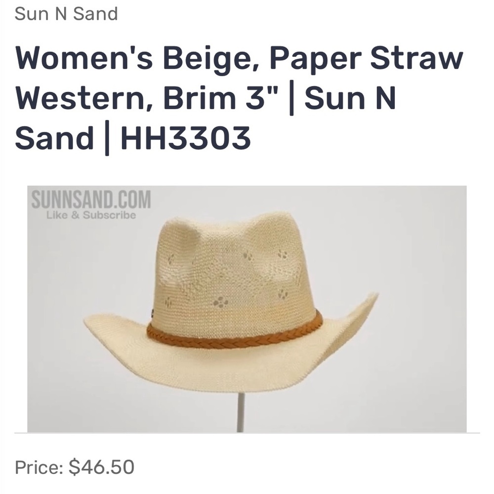 Women's Beige Paper Straw Western Hat, Brim 3”